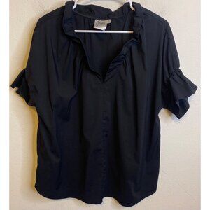 FINLEY Black Crosby Poplin Popover Blouse Top Ruffle USA Size MEDIUM Short Sleev